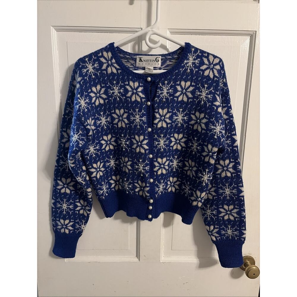VTG Women Cardigan Sweater Blue White L Wool Nordic Fair Isle Snowflake Winter